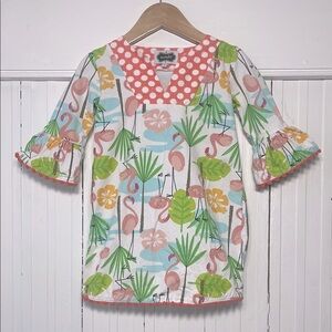 MUDPIE Precious Tropical Flamingo Pom Pom Trimmed Tunic Dress Coverup